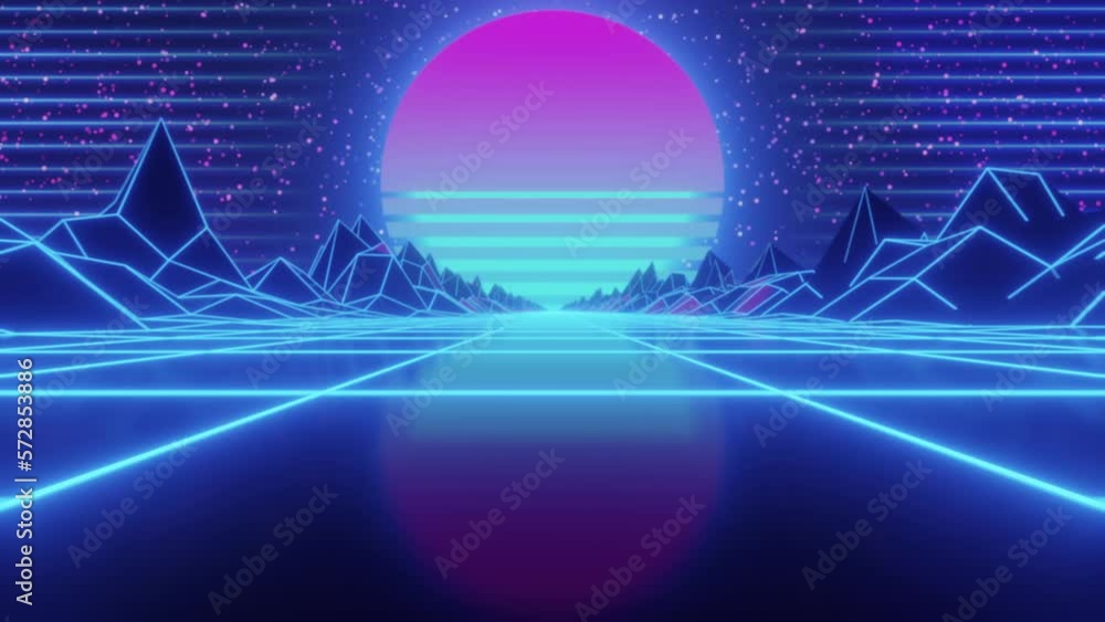 Poster synthwave sunset. animated background. 80s sun. wireframe landscape. retro future perspective grid. 
