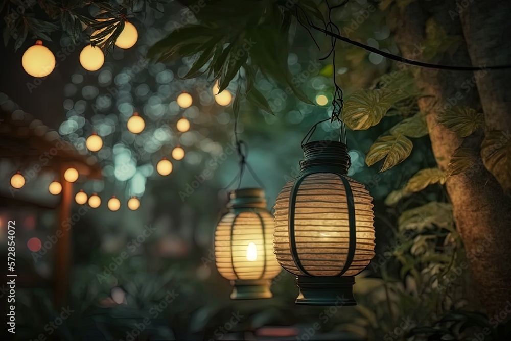 Poster lights in the backyard at night electric lamps with a spherical diameter blurred in the backdrop... 