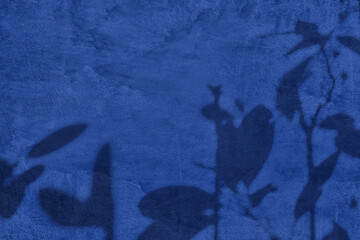 Shadow of leaves on blue concrete wall texture with roughness and irregularities. Abstract trendy...