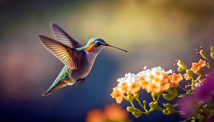 Hummingbird flying to pick up nectar from a beautiful flower. Post-processed generative AI	