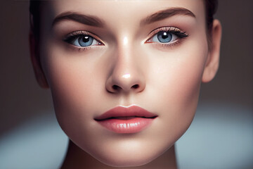 Fototapeta premium Close up of woman, clean healthy young face with hands. Close-up portrait of beautiful young woman with clean and fresh skin, natural beauty. Cosmetology, beauty and spa-related. Generative AI