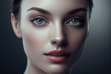 Close up of woman, clean healthy young face with hands. Close-up portrait of beautiful young woman with clean and fresh skin, natural beauty. Cosmetology, beauty and spa-related. Generative AI