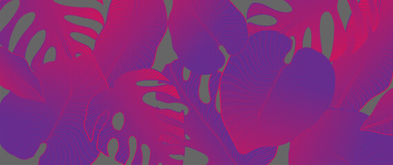 Bright neon tropical background with palm leaves, monstera leaves, fern for design, decor, covers, wallpapers