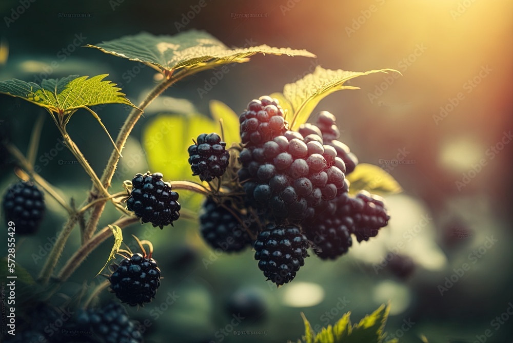 Poster a hazy closeup of blackberries on bushes in a sunny field generative ai