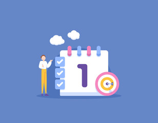 determine and make daily plans. complete the target that has been created. goal setting. a businessman finish the target punctual on schedule. illustration concept design. graphic elements