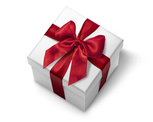 赤いリボンをかけた白いギフトボックス