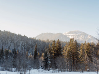 Suttensee im Rottachtal. Langlaufloipe und Skigebiet in Landschaft aus schneebedeckten Wäldern und Mooren unterhalb von Wallberg