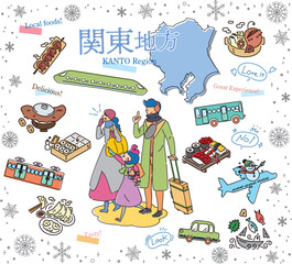 日本の関東地方の冬のグルメ観光を楽しむ三人家族、アイコンのセット（線画）