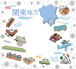 日本の関東地方の冬のグルメ観光のアイコンのセット（線画）