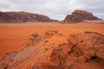 Wadi Rum Desert with red rocks and dunes, beautiful tourist destination, Wadi Rum, Jordan