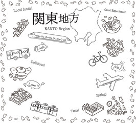 日本の関東地方の春のグルメ観光のアイコンのセット（線画白黒）