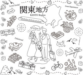 日本の関東地方の夏のグルメ観光を楽しむ三人家族、アイコンのセット（線画白黒）