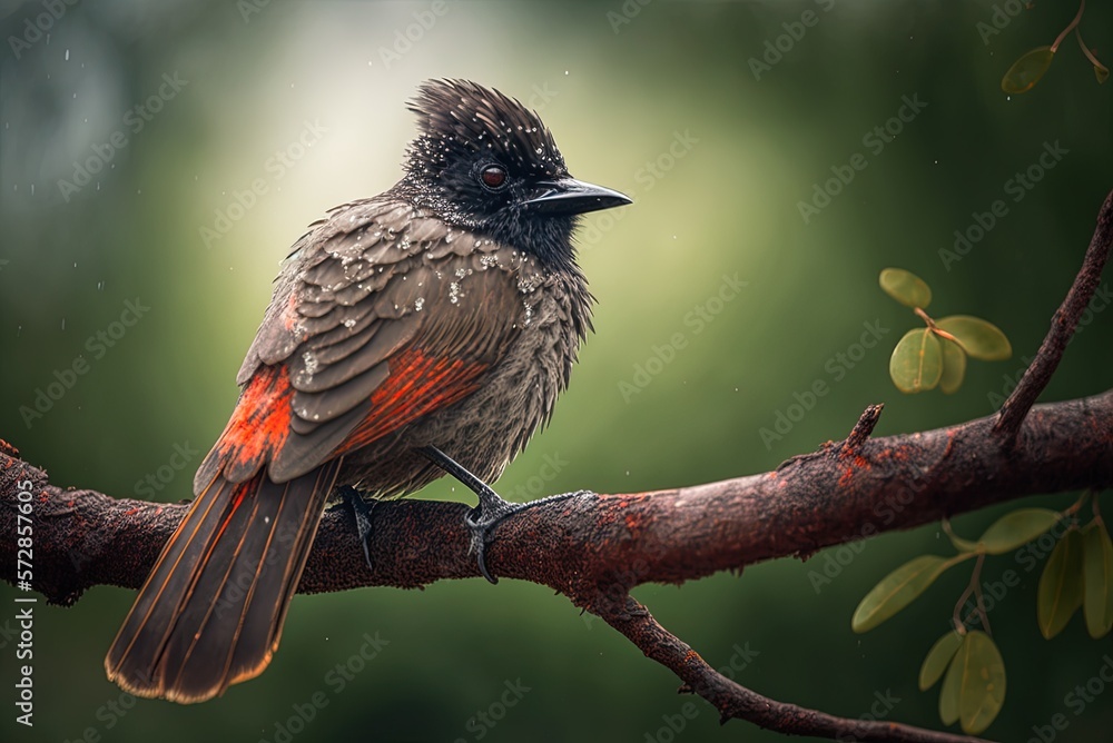 Poster bokeh backdrop closeup of a red-vented bulbul sitting on a limb. generative ai