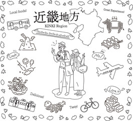 日本の近畿地方の秋のグルメ観光を楽しむシニア夫婦、アイコンのセット（線画白黒）