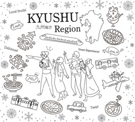 日本の九州地方の冬のグルメ観光を楽しむ観光客、アイコンのセット（線画白黒）