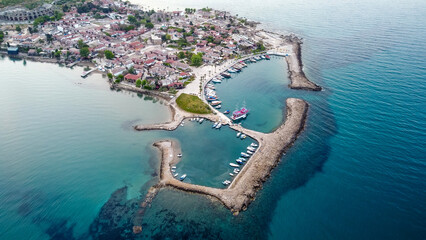 Aerial view of bay and marina in old town of Side, Turkey