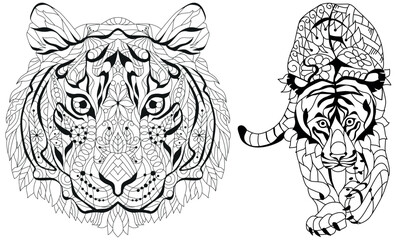 Tiger zentangle stylized, vector, illustration, hand drawn. Print for t-shirts and coloring books.