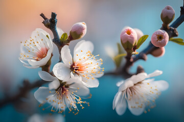 Photos Beautiful floral spring abstract background of nature. Branches of blossoming apricot macro with soft focus on gentle light blue sky background made with Generative AI