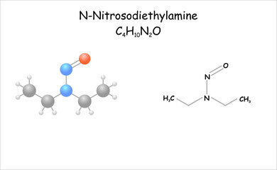 Stylized molecule model/structural formula of N-Nitrosodiethylamine. Found in tobacco smoke.