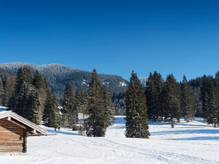 Suttengebiet mit verschneiten Landschaften am oberen Ende des Tals der Rottach richtung Valepptal gesäumt von Holzchalet, Hochmooren und Tannenwäldern unterhalb von bayerischen Bergen 