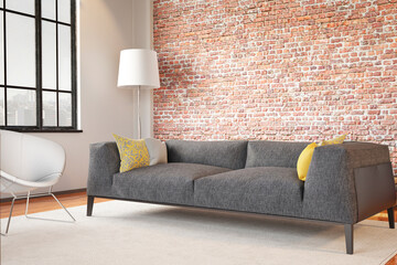 Modern interior of living room with brick wall and grey sofa. 3d render	