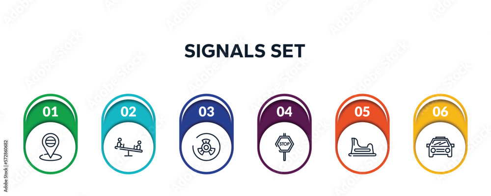 Poster signals set outline icons with infographic template. thin line icons such as placeholder point, chil