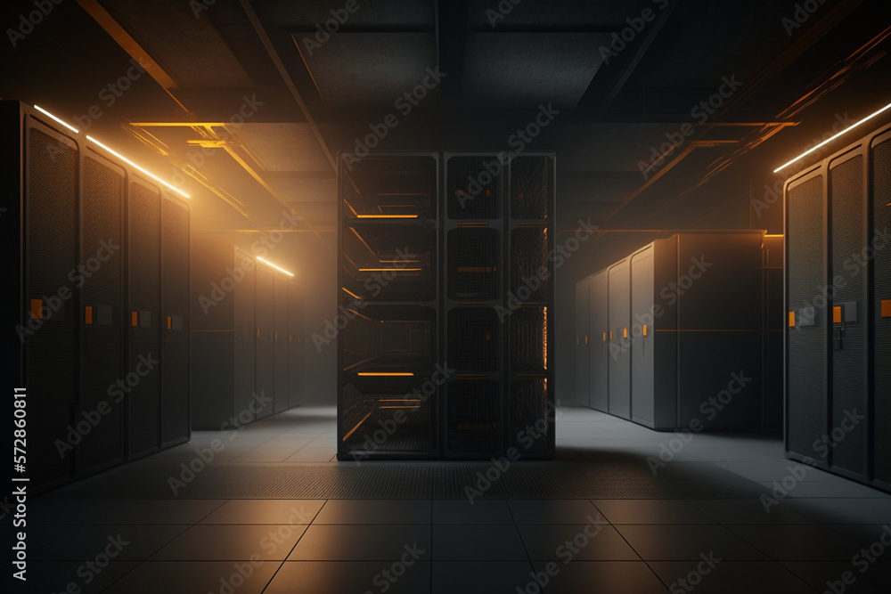 Poster computer in the data center. cloud computing service on a large server farm. cyber ​​security at nig