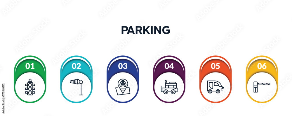 Poster parking outline icons with infographic template. thin line icons such as semaphore light, wind flag,