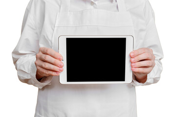 Man chef showing tablet screen on isolated white background, mockup copy space