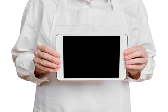 Man chef showing tablet screen on isolated white background, mockup copy space