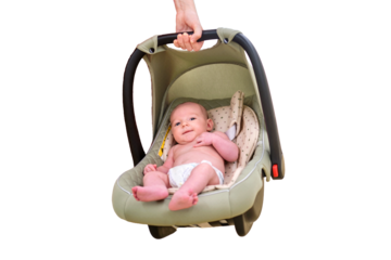 Woman mother carries baby in infant car seat in clinic, isolated on a white background. Kid aged two months