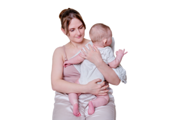 A mother woman holds an infant baby to regurgitate excess air after breastfeeding, isolated on a white background. Mom with a child boy holds vertically after feeding. Kid aged six months
