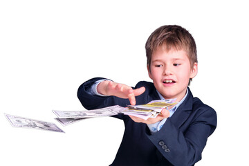 Schoolboy junior and money in dollars and euros for education. Money problems in elementary school, isolated on a white background
