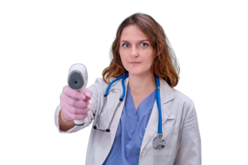 Woman doctor with infrared electronic thermometer in white uniform, isolated on a white background. Kid aged two months