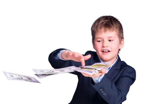 Schoolboy junior and money in dollars and euros for education. Money problems in elementary school, isolated on a white background