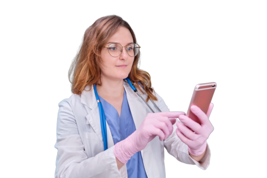 Woman doctor with a phone in her hand on a white uniform, isolated on a white background.