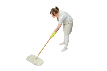 A woman in an apron cleans the floor with a mop in a home kitchen, isolated on a white background