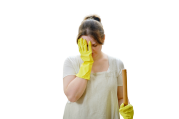 A crying woman holds her head with her hand while cleaning in a home kitchen, isolated on a white background