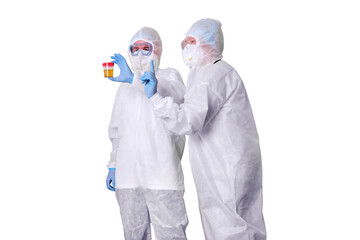 Fototapeta na wymiar Two doctors in white paramedic uniforms isolated on a white background