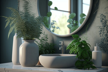 Bathroom with round mirror, tropical style and green plants, Home modern stylish bathroom interior, mockup. Generative AI