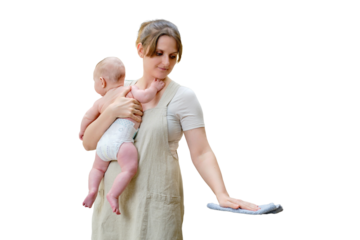 A woman holds an infant baby in her arms while cleaning in a home kitchen, problems with household chores after the birth of a child, isolated on a white background