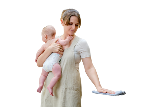 A woman holds an infant baby in her arms while cleaning in a home kitchen, problems with household chores after the birth of a child, isolated on a white background