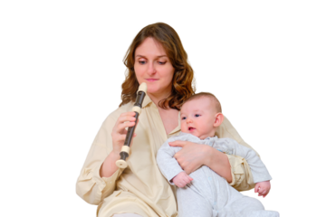 Woman musician playing music on block flute for infant baby, isolated on a white background