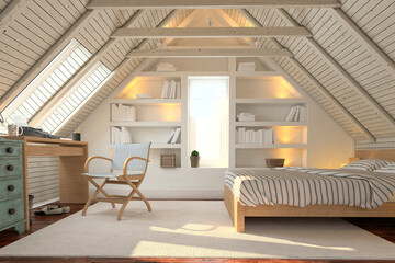 Modern bedroom interior with wooden decor in eco style. 3D Render	