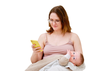 A woman mother breastfeeding infant baby with a phone in her hand, isolated on a white background. Mom problems with breastfeeding and finding a solution on the Internet. Kid aged six months