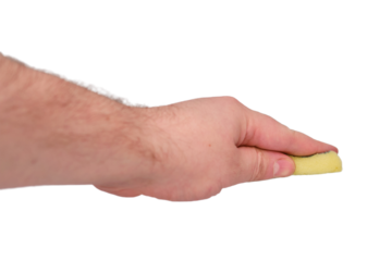 A man hand with a yellow sponge washes, isolated on a white background
