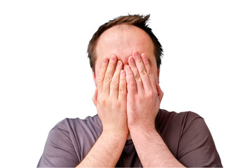 Portrait of a crying adult man with a disheveled appearance, isolated on a white background