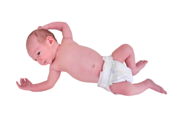 Portrait of a baby boy aged 1 month lying with his eyes open, isolated on a white background. Caucasian child in the children bedroom on the bed