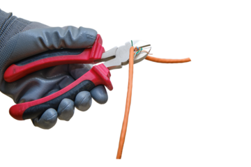 Cutting the computer network wire in the office in pieces, isolated on a white background