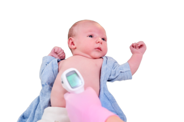Doctor checks the temperature of the newborn baby with a thermometer, isolated on a white background. A nurse in uniform measures the child fever with a thermometer. Kid aged two months